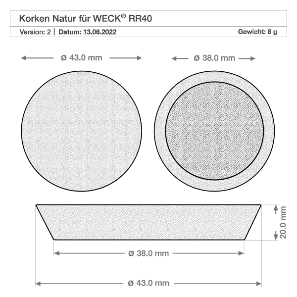 Rolha de cortiça para abertura de 40mm WECK RR40 (ø38/43, H=20mm) Desenho técnico da rolha de cortiça WECK RR40 com as dimensões 38mm 43mm diâmetro 20mm altura Rolha de cortiça natural
