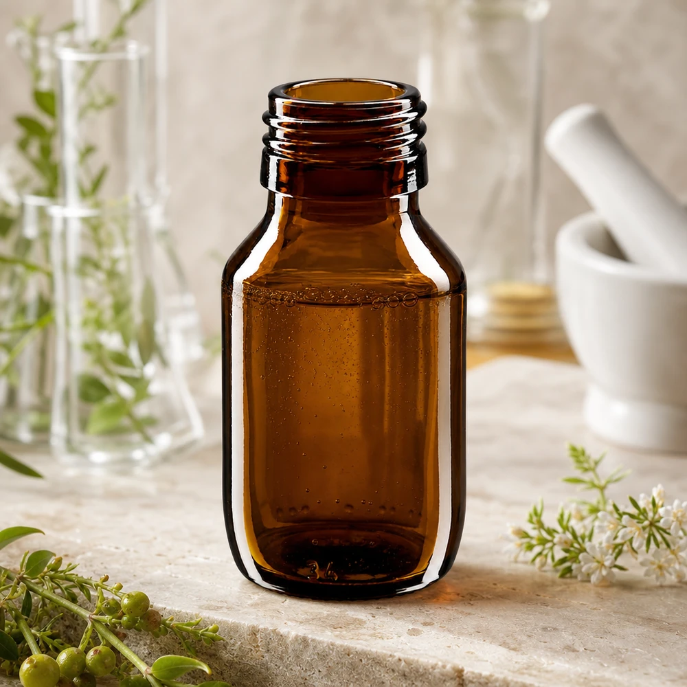 Frasco para medicamentos de 50 ml castanho, sem tampa PP28 ApoGlas Nachhaltige 50ml Medizinflasche aus recycelbarem Braunglas PP28 Thread ApoGlas Design