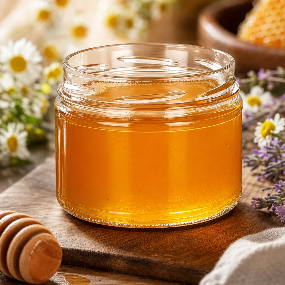 UNiTWIST Runda540 copos 540ml TO100 cheios de mel amarelo dourado tábua de madeira flor de camomila colher de mel natural