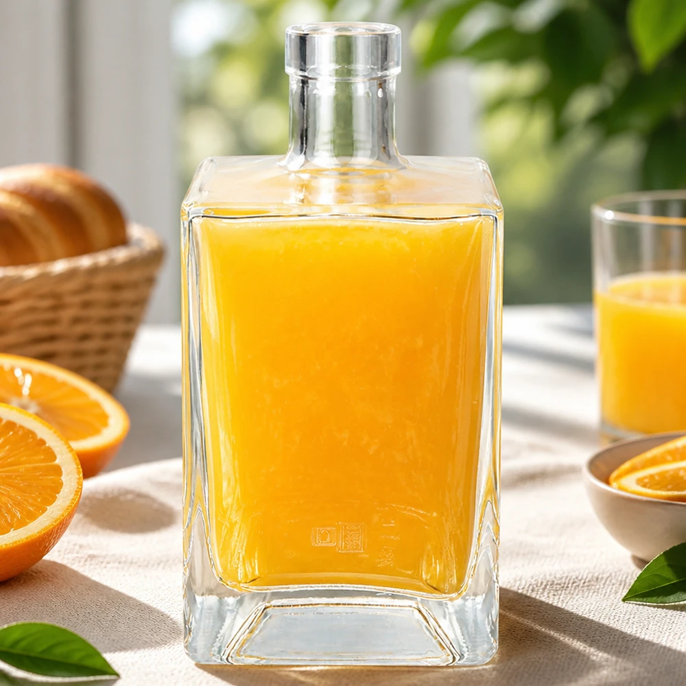 700ml Glasflasche "Gali" ohne Verschluss UNiTWIST® Garrafa de vidro de 700 ml de Ben cheia de sumo de laranja sobre uma mesa de pequeno-almoço com laranjas frescas e pastelaria
