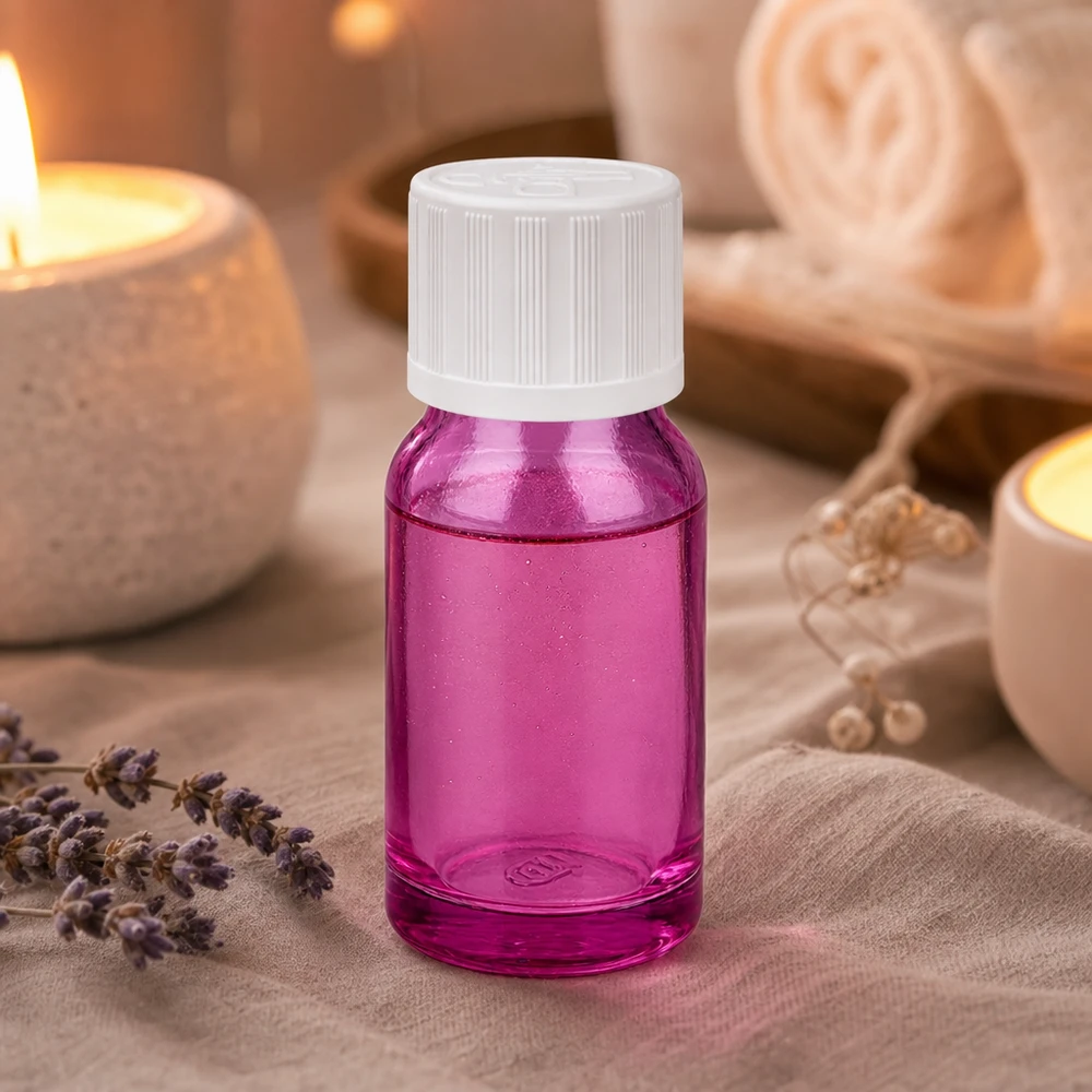 Frasco elegante de 10 ml numa cor púrpura brilhante com uma tampa branca para cosméticos profissionais