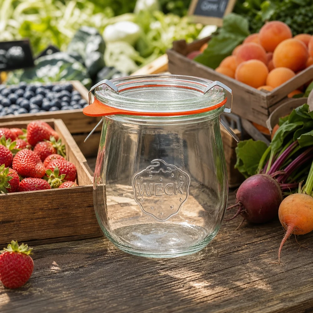 Frasco tulipa de 220ml completo WECK RR60 Frasco de tulipa WECK 220ml RR60 vazio numa mesa de madeira rodeado de frutas e legumes frescos do mercado conjunto de frascos de conserva