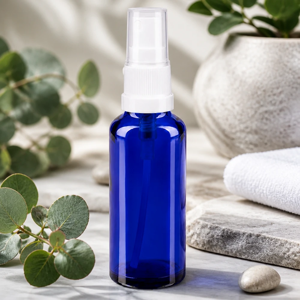 Frasco de farmácia azul 10ml spray top preto Pequeno frasco de vidro azul com pulverizador sobre pedra natural, rodeado por ramos de eucalipto