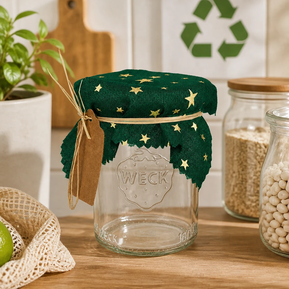 Guardanapo de estrela verde com fita de ráfia e pendente no frasco Weck na cozinha sustentável 12cm quadrado