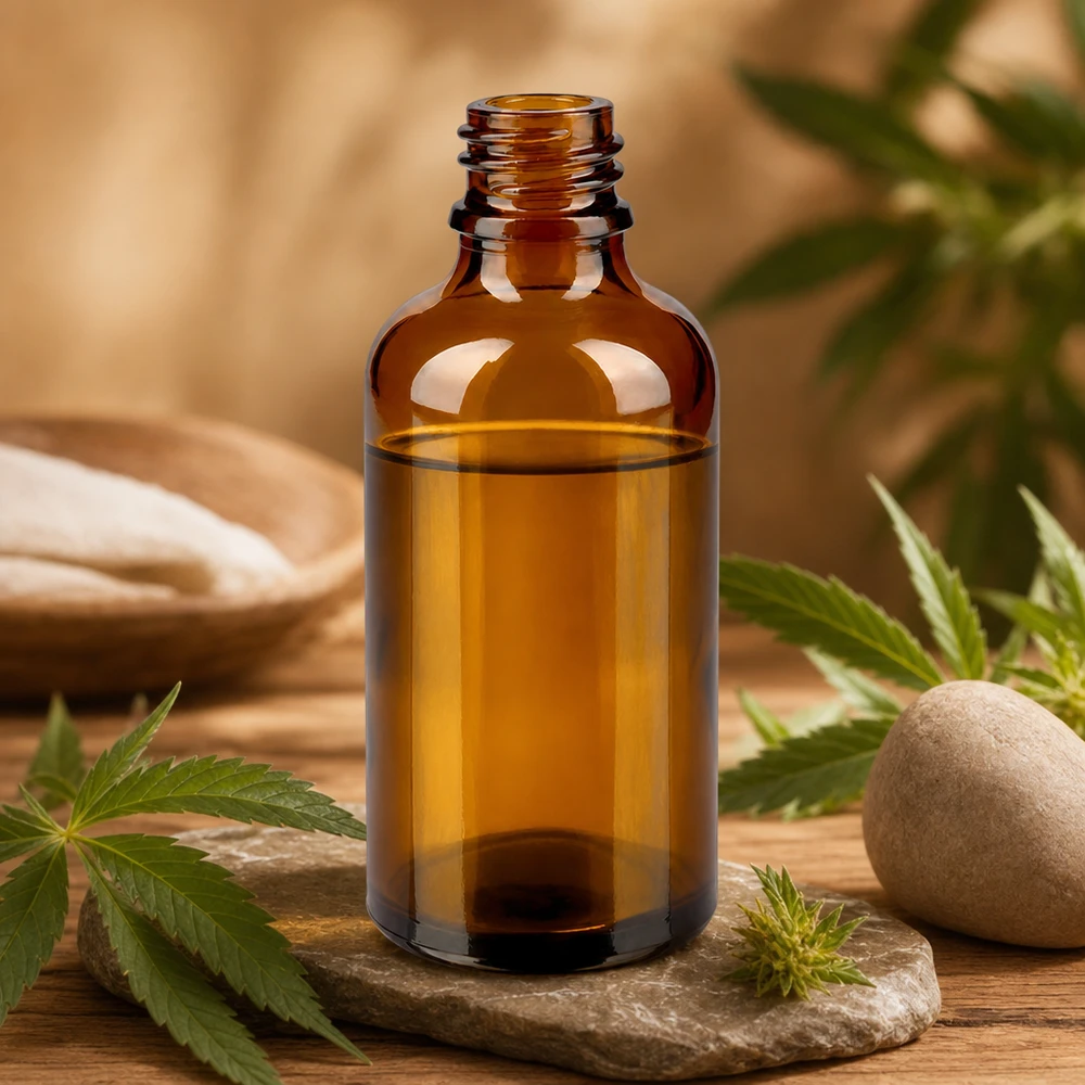 Frasco conta-gotas 50 ml DIN 18 em vidro âmbar Frasco de farmácia ApoGlas castanho de 50 ml em placa de pedra com folhas de canábis e produtos naturais Ambiente de spa