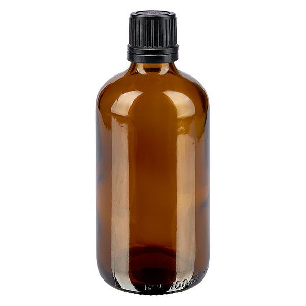 Frasco de farmácia castanho 100ml tampa conta-gotas premium 1mm preto fecho inviolável