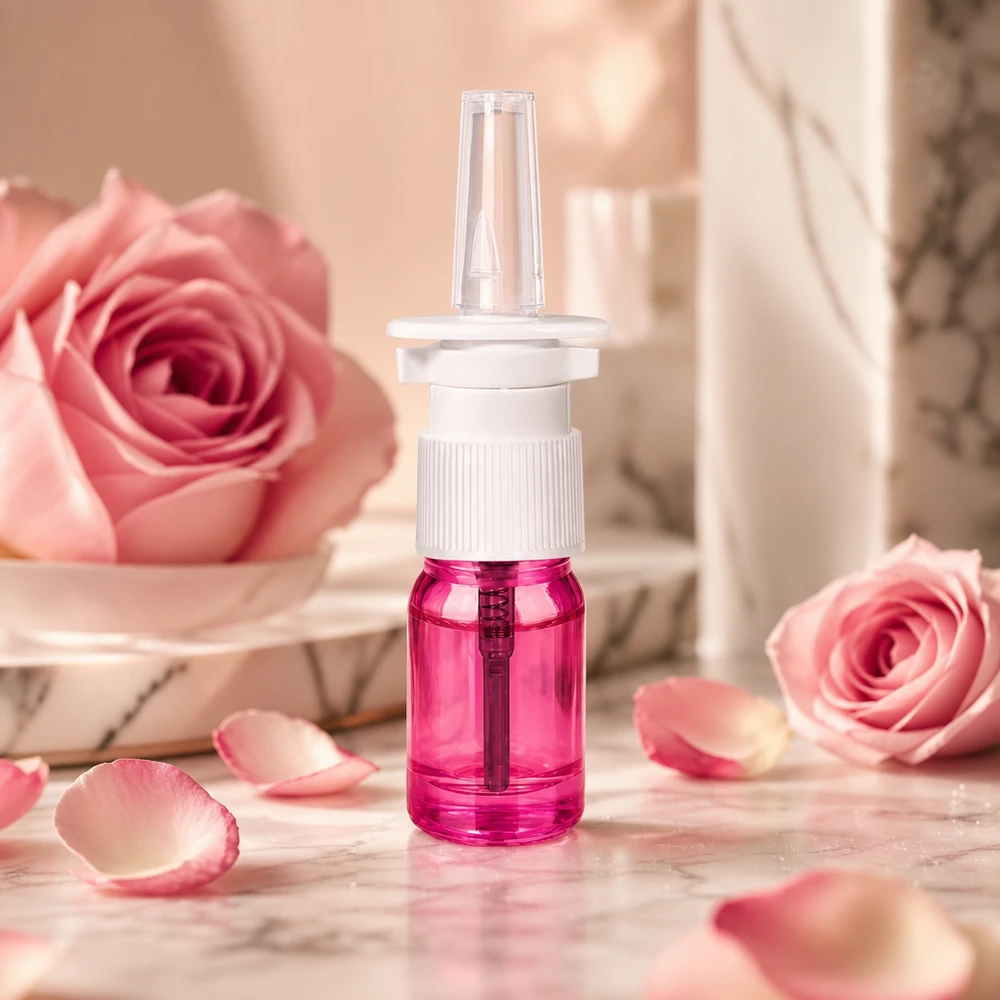 Prático frasco de spray de 5 ml em violeta elegante com sistema de pulverização preciso para aplicações nasais