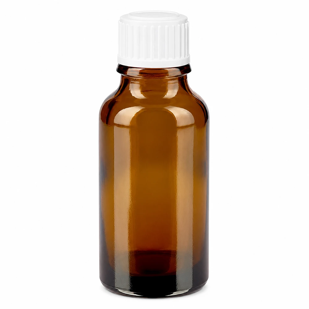 Frasco de vidro castanho de farmácia com 20 ml e tampa de rosca branca padrão de 11 mm