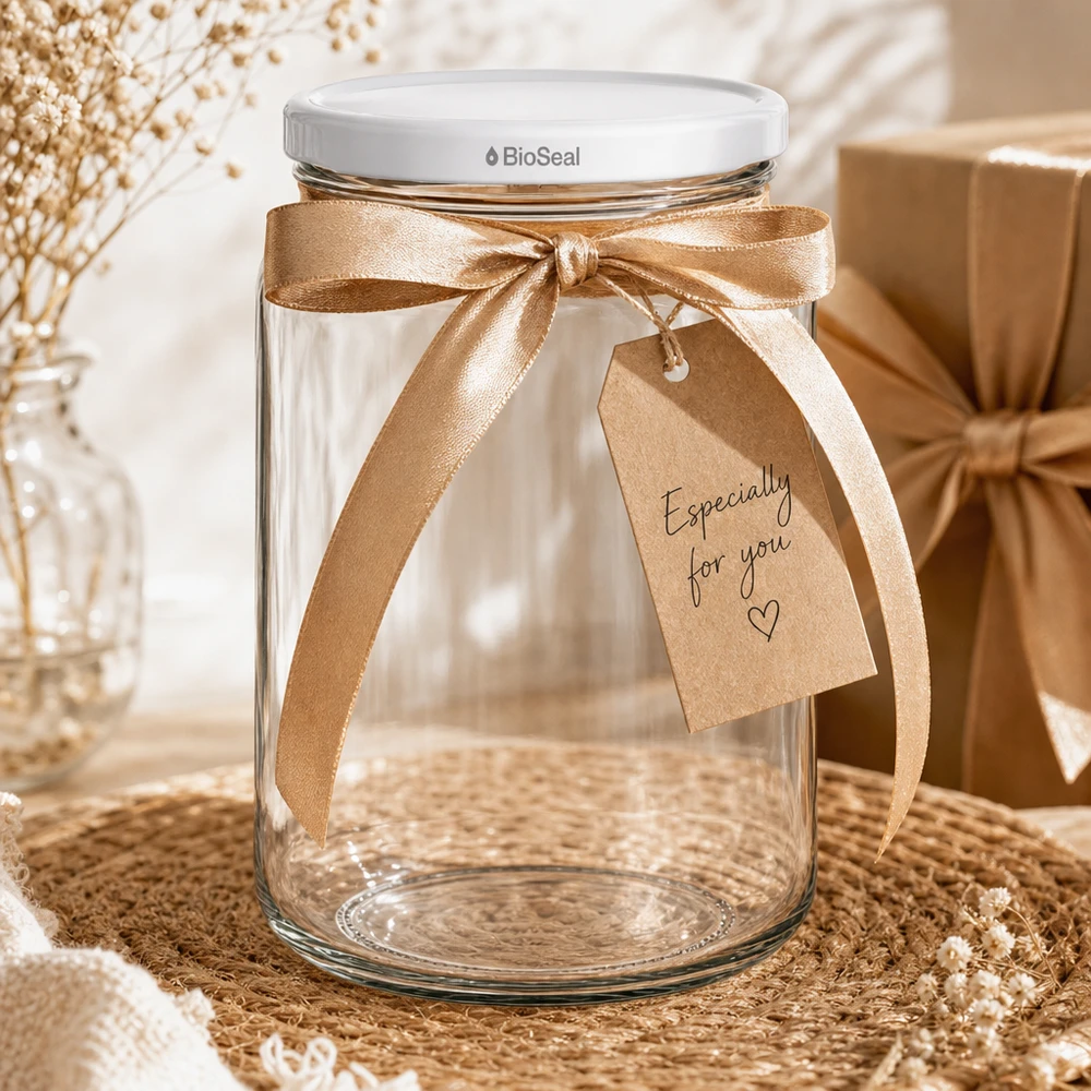 Caixa de oferta UNiTWIST Runda382 com laço dourado e etiqueta - frasco decorativo para conservas com BioSeal Dec branco