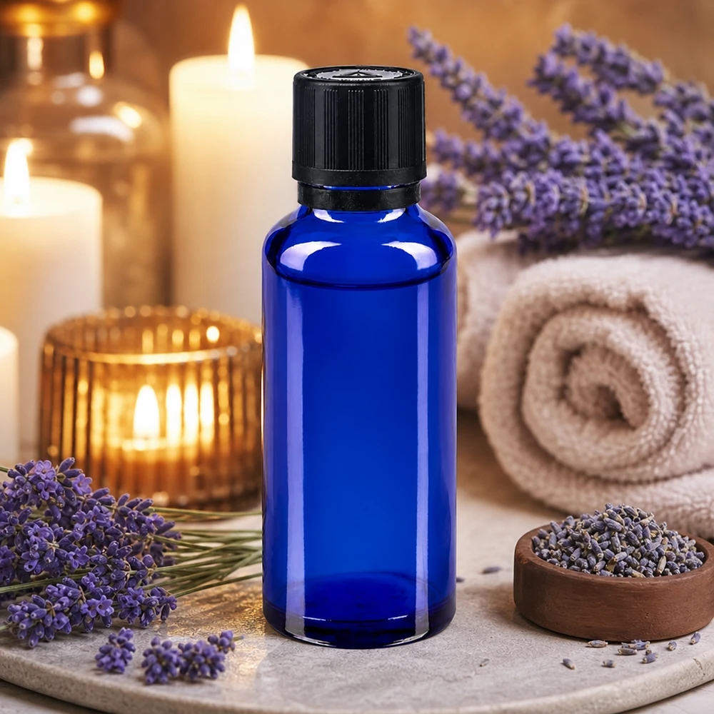 Frasco de vidro azul de 30 ml com conta-gotas, num ambiente de spa com flores de lavanda e velas
