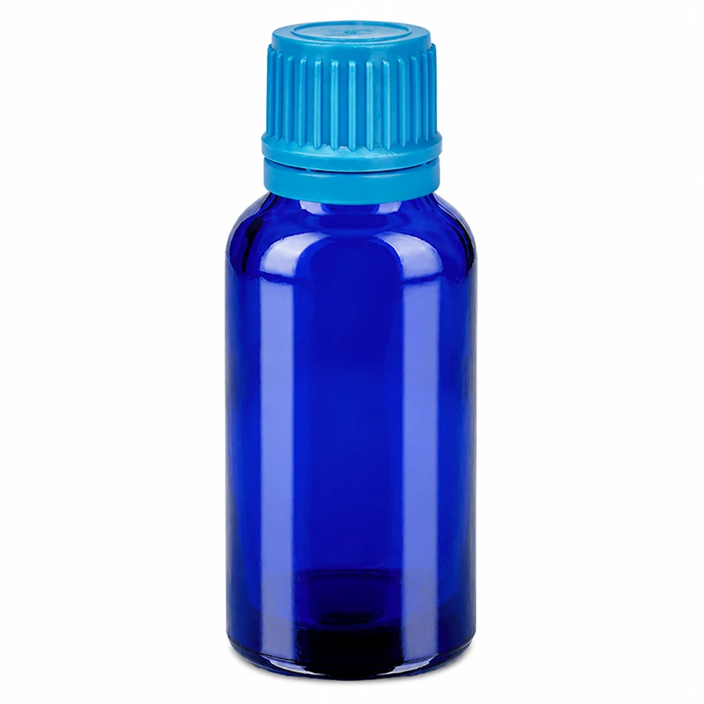 Frasco de vidro azul de 30 ml com tampa de rosca azul clara para óleos essenciais e cosméticos