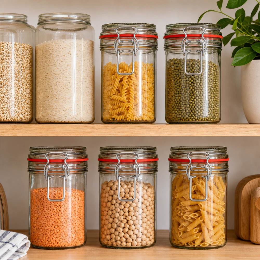 Frascos de arrumação com tampa basculante cheios de massa arroz lentilhas grão-de-bico cozinha organizada despensa