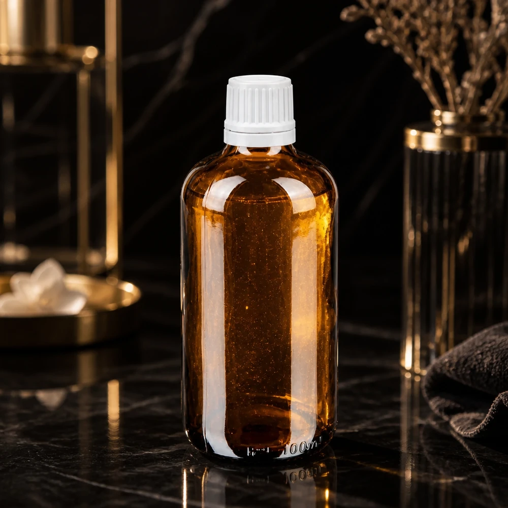 Frasco conta-gotas castanho de 100 ml com tampa original branca, elegantemente apresentado sobre mármore preto