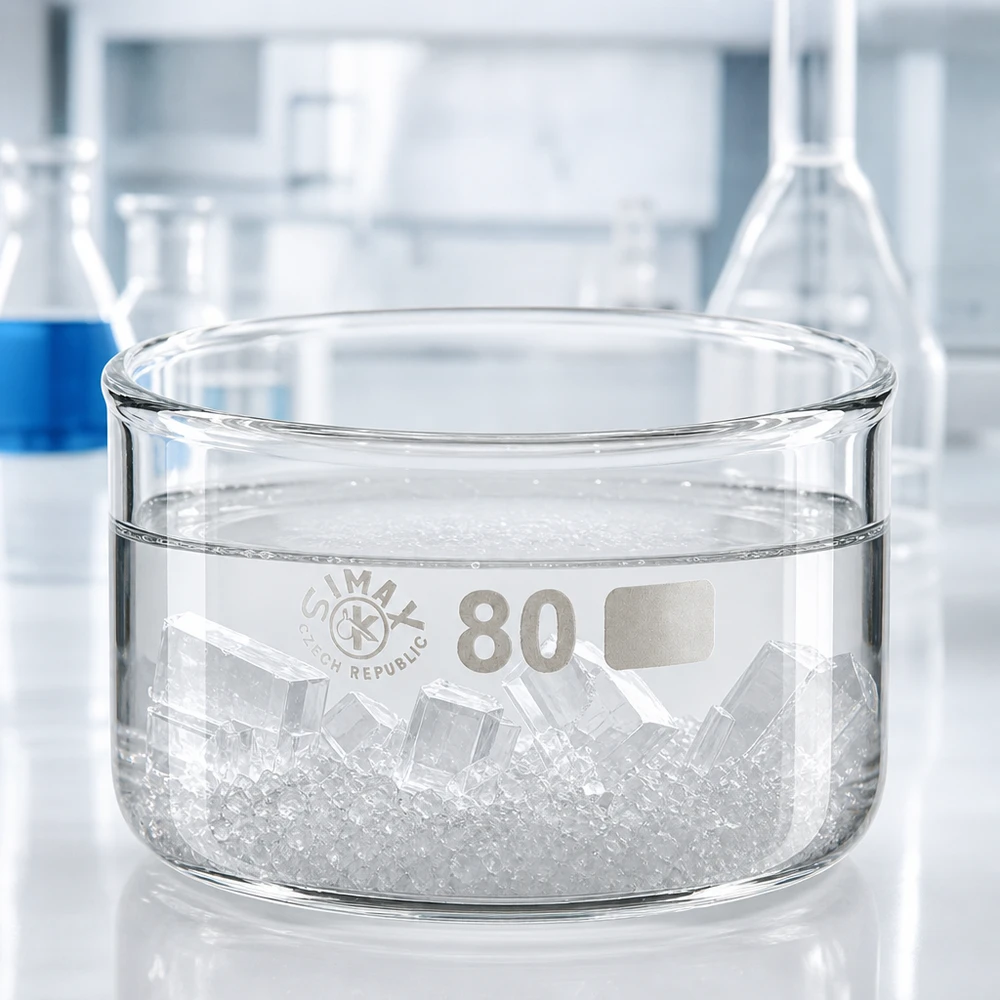 Taça de cristalização de 150ml sem bico borossilicato ø80mm Taça de vidro plana com cristais e água no laboratório, diâmetro de 80 mm, SIMAX, 150 ml