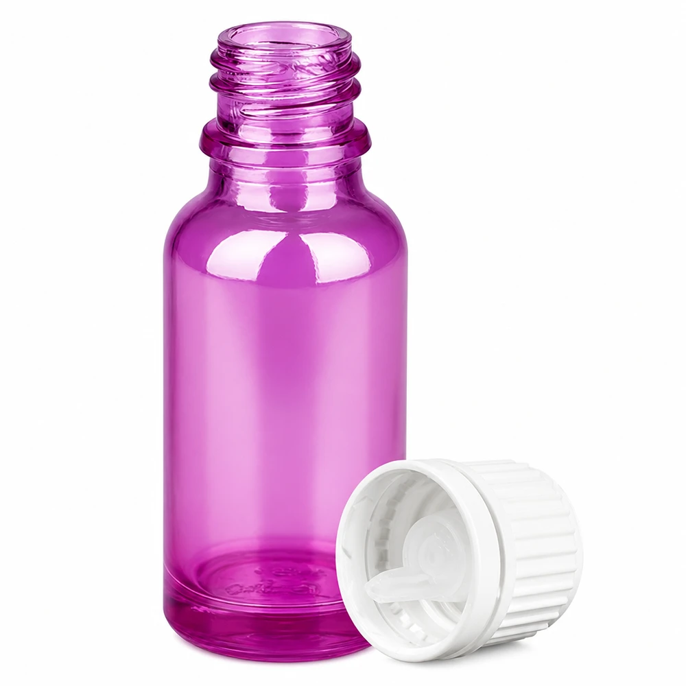 Frasco conta-gotas de 20 ml com tampa de rosca de 0,7 mm branca Originalidade PurpleLine UT18/20 Frasco de vidro violeta de 20 ml com tampa branca com conta-gotas para óleos essenciais e soros