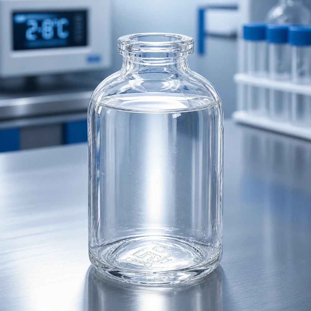 Frasco de injeção de vidro transparente 50ml Pharmaceutical Grade Injektionsflasche 50ml Klarglas bei kontrollierter Lagertemperatur