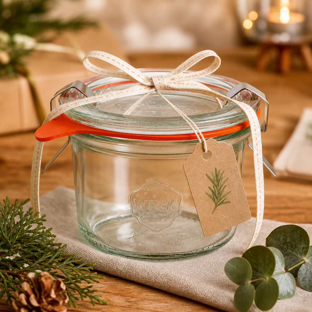 Copos WECK RR60 de 80 ml em embalagem de oferta com fita e etiqueta numa decoração de Natal acolhedora