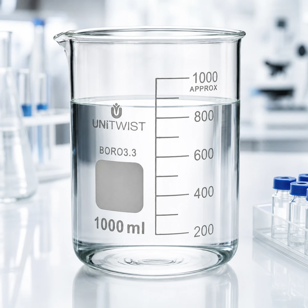 Copo de vidro UNiTWIST de 1000 ml, borossilicato 3.3, de formato baixo, cheio de água, sobre uma mesa de laboratório