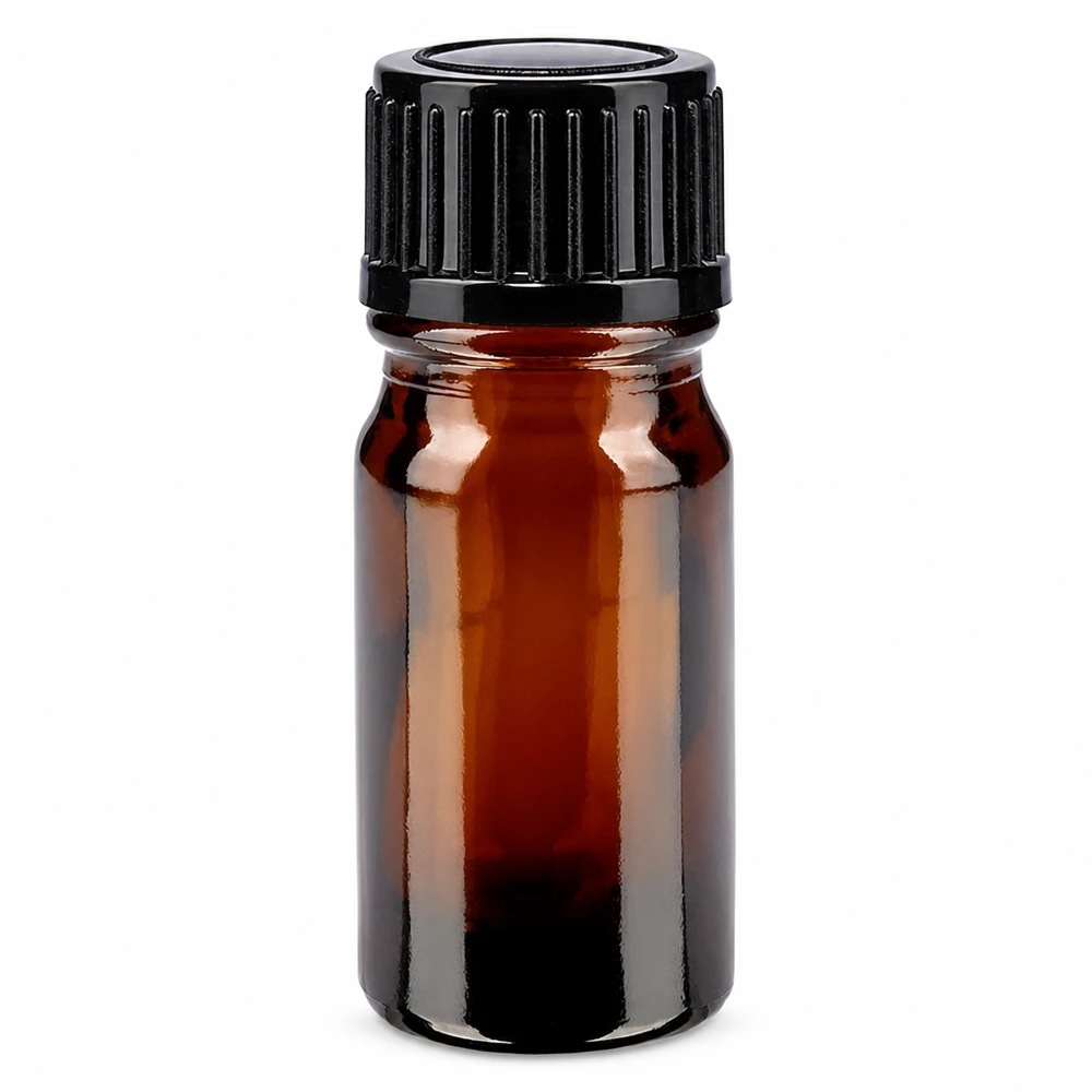 Frasco de vidro castanho de farmácia com 5 ml e tampa preta padrão de 11 mm