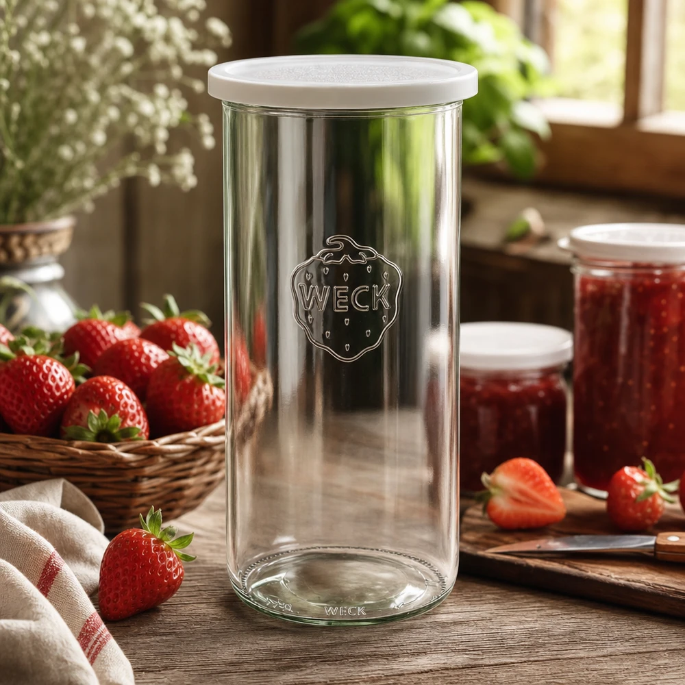 Copos de vidro de 1500ml com tampa fresca WECK RR100 Frasco de armazenamento WECK de 1500 ml RR100 numa cozinha rústica com morangos e frascos de compota como imagem de estilo de vida