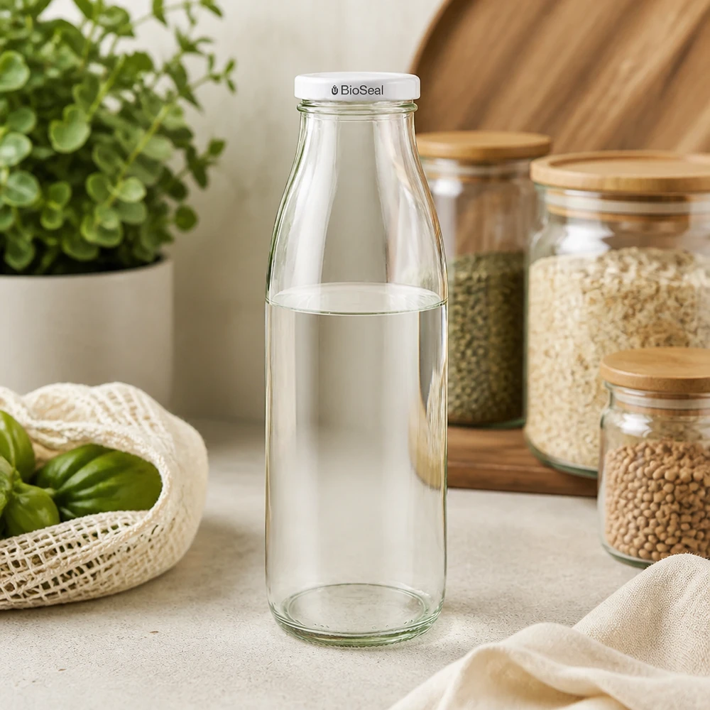 Frasco de vidro de 500ml + tampa BioSeal branca UNiTWIST 500ml Glasflasche leer mit weißem BioSeal Deckel in nachhaltiger Küche zwischen Vorratsgläsern und Bio-Gemüse