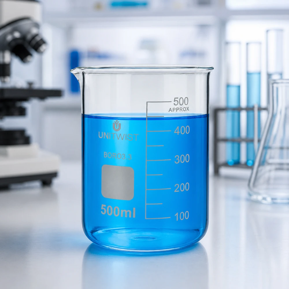 Copo 500 ml de borossilicato, baixo teor de bolor UNiTWIST Copo de vidro UNiTWIST de 500 ml, de formato baixo, cheio de um líquido azul até à marca de 450 ml