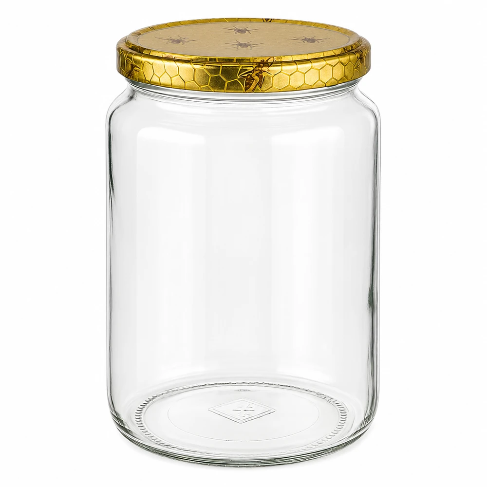 1000g Honigglas mit Bienenwabe Deckel BasicSeal UNiTWIST Frasco de mel vazio de vidro de 1000 g com tampa dourada em forma de favo de mel e motivo de abelha para frasco de armazenamento de mel para apicultura