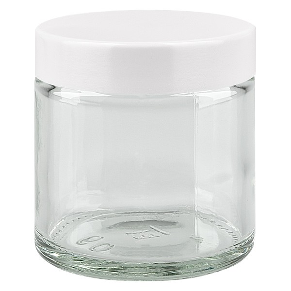Frasco de vidro de 60ml, transparente, com tampa de baquelite branca ApoGlas Frasco de vidro de 60ml, transparente, com tampa de baquelite branca ApoGlas