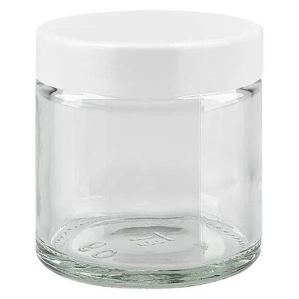 Frasco de vidro de 60ml, transparente, com tampa de baquelite branca ApoGlas Frasco de vidro de 60ml, transparente, com tampa de baquelite branca ApoGlas