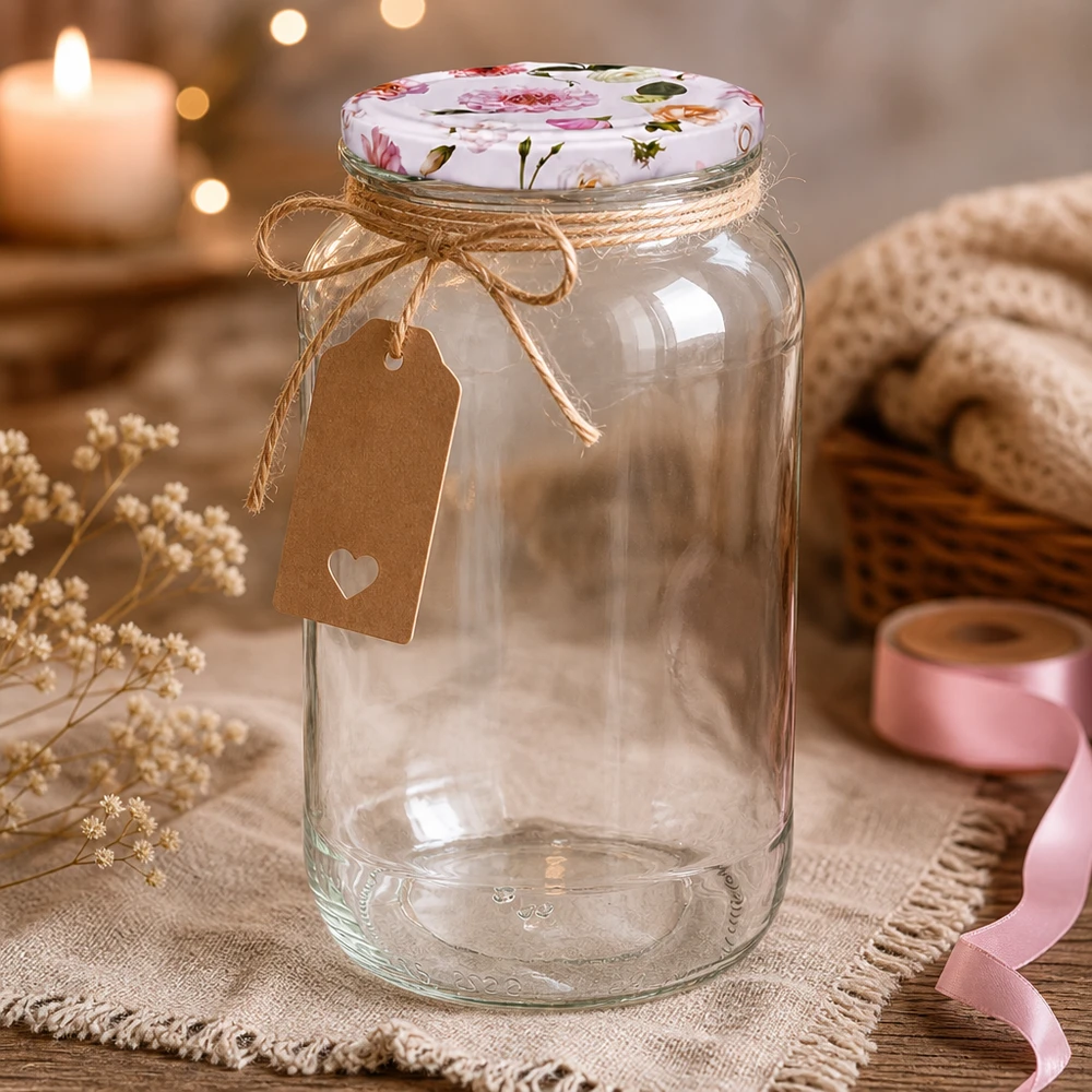 Frasco redondo decorativo de 1062 ml com tampa de flor rosa BasicSeal e etiqueta de apresentação rústica para oferta