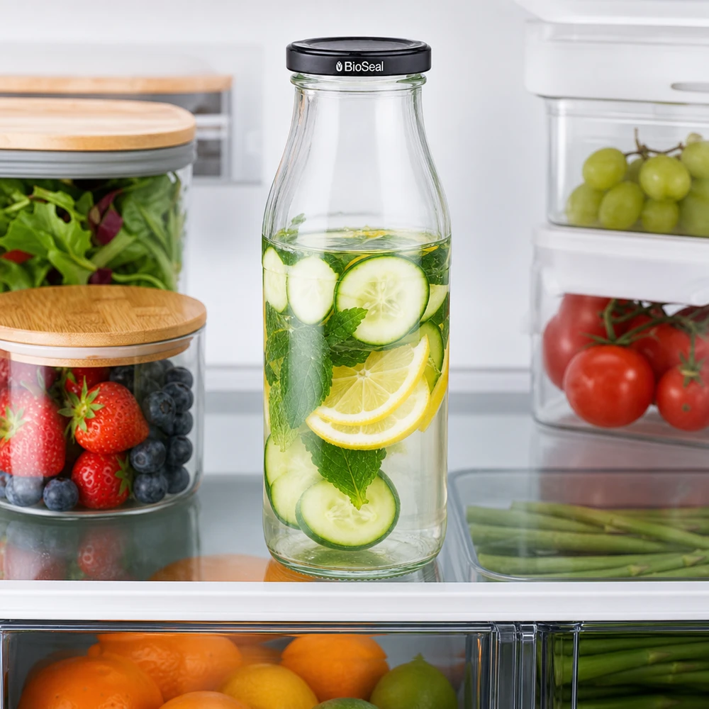 Garrafa de vidro de 500 ml de água com infusão de pepino e limão no frigorífico, ao lado de alimentos frescos em recipientes de armazenamento