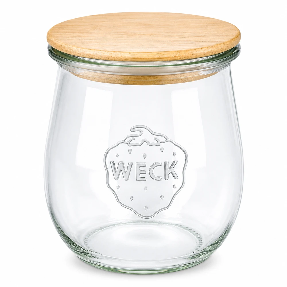 Frasco de tulipas de 220 ml WECK RR60 com tampa de madeira Frasco de tulipa WECK 220ml RR60 com tampa de madeira - frasco de vidro para conservas com tampa de bambu para cozinha e armazenamento