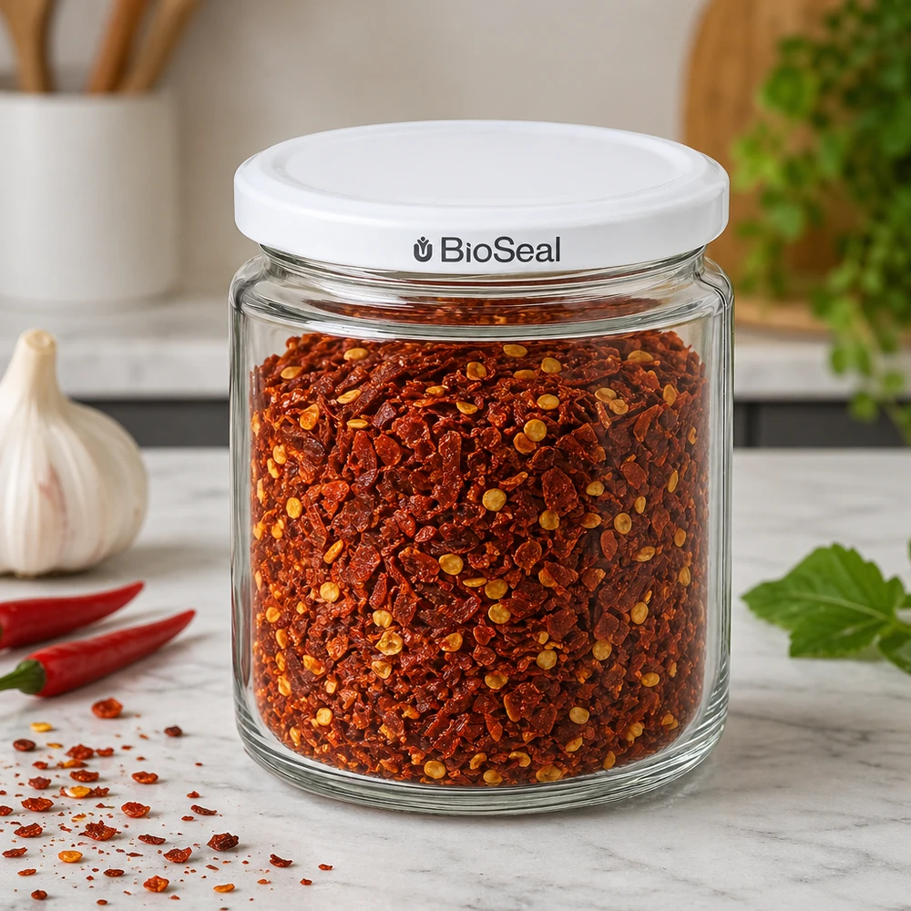 350g Honigglas + BioSeal Deckel weiß UNiTWIST Frasco de mel de 250 ml com tampa BioSeal cheio de mistura de especiarias de malagueta como arrumação de cozinha em cima de mármore