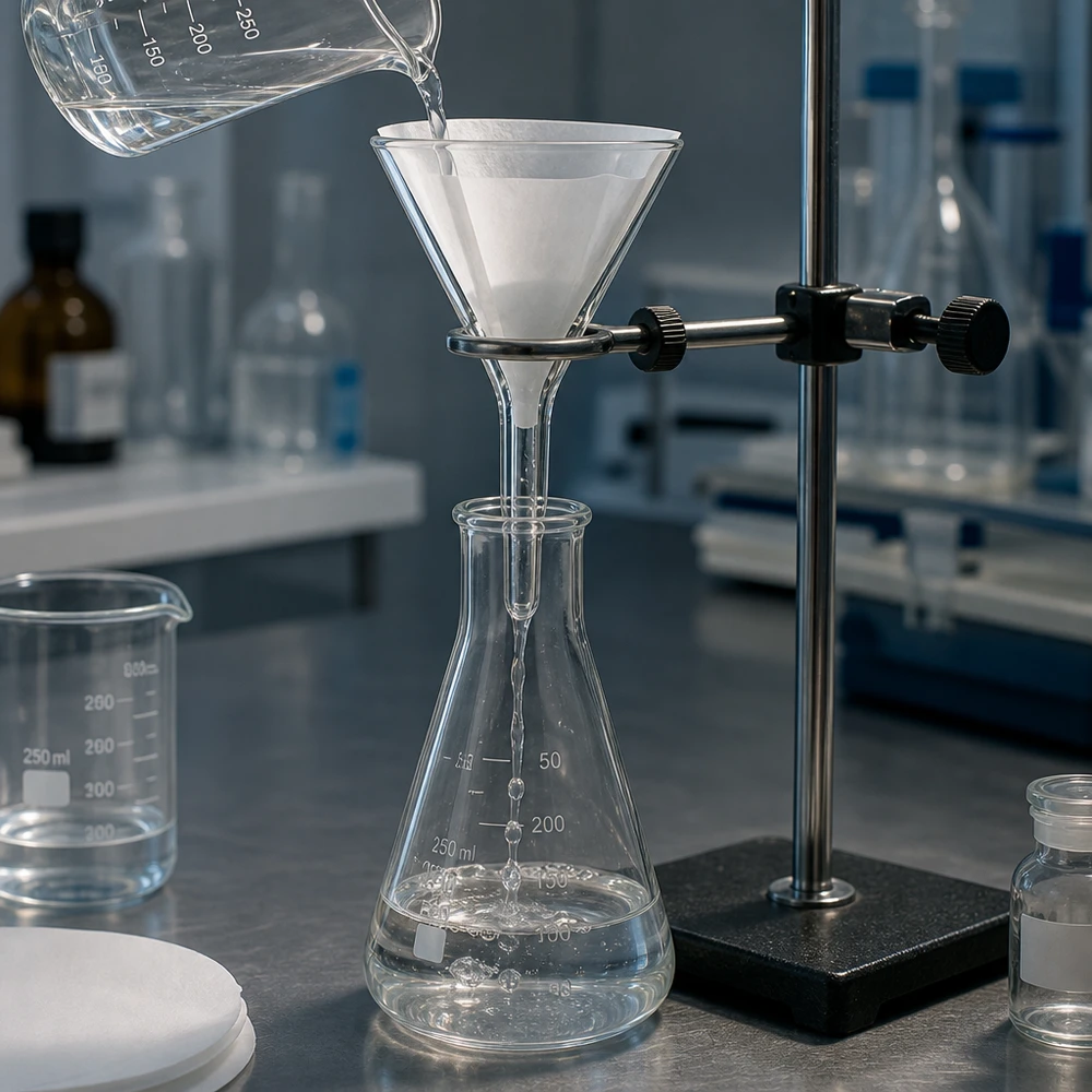 Funil ø30mm cal sodada, ângulo 60°, estilo curto Funil de laboratório em vidro de cal sodada com abertura de 30 mm e design compacto para processos de filtragem seguros