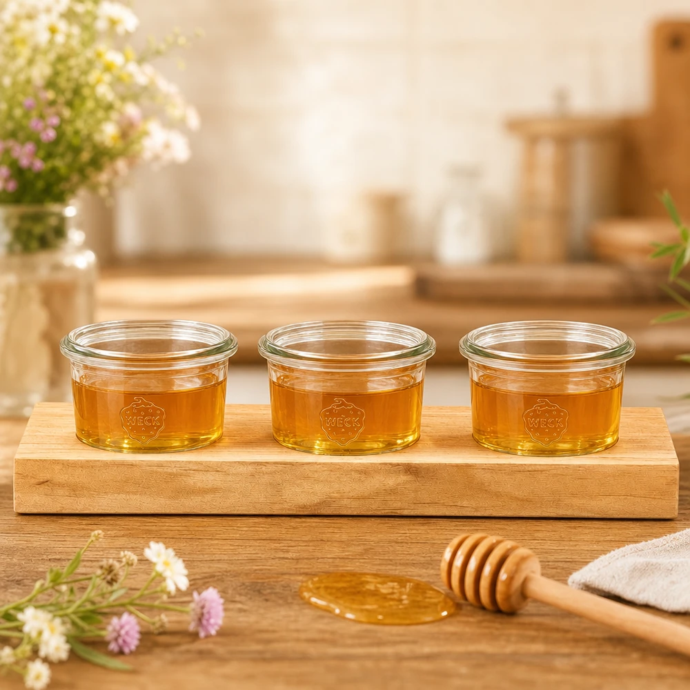 Tábua de servir Plano3 com 3 copos Weck de 80 ml cheios de mel dourado ao lado de uma colher de mel numa mesa de madeira