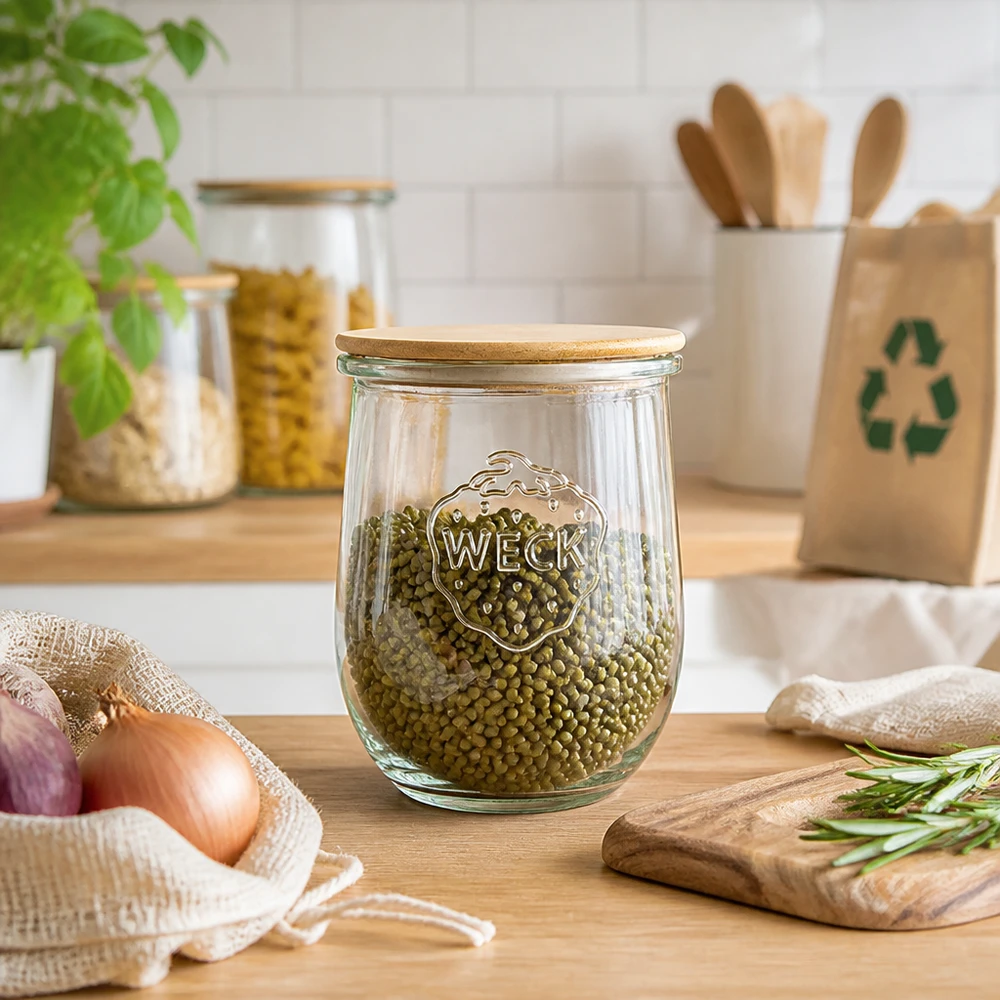 WECK Tulpenglas 1062ml RR100 mit Holzdeckel als stilvolles Vorratsglas für Hülsenfrüchte in moderner Küche