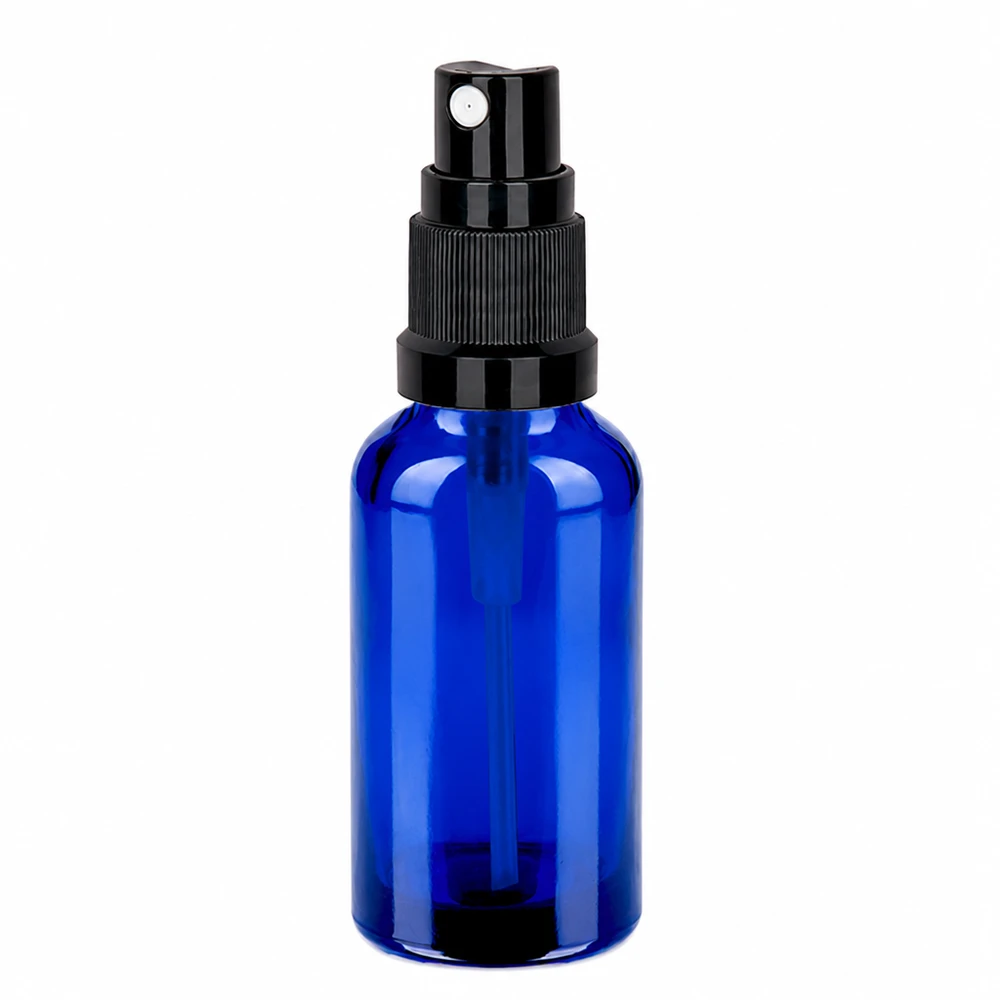 Frasco de vidro azul de 30 ml com pulverizador preto para perfume e aromaterapia