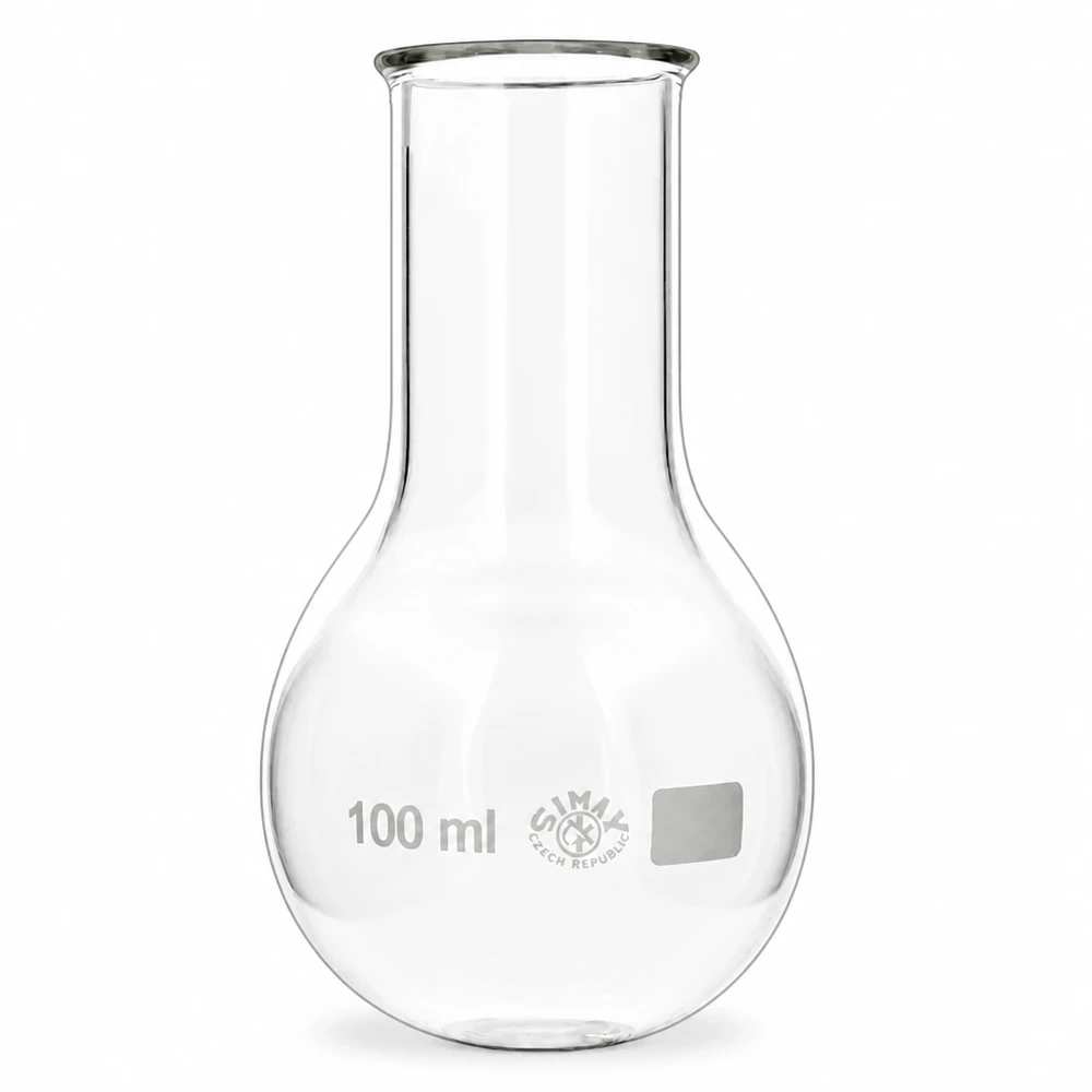 Balão de fundo redondo 100ml gargalo largo Balão de fundo redondo de gargalo largo de 100 ml com abertura larga para facilitar o enchimento e a limpeza no laboratório