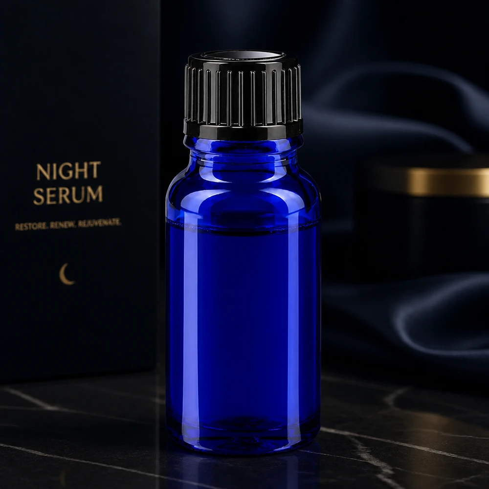 Elegante frasco de farmácia azul cobalto de 10 ml com tampa de rosca preta, para o sérum noturno