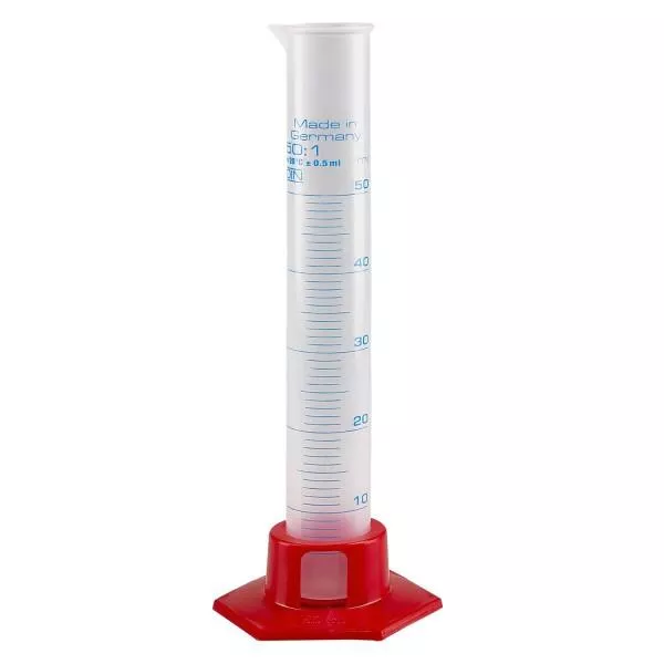 Proveta graduada de 50ml em polipropileno com base vermelha Proveta graduada de 50ml em polipropileno com base vermelha