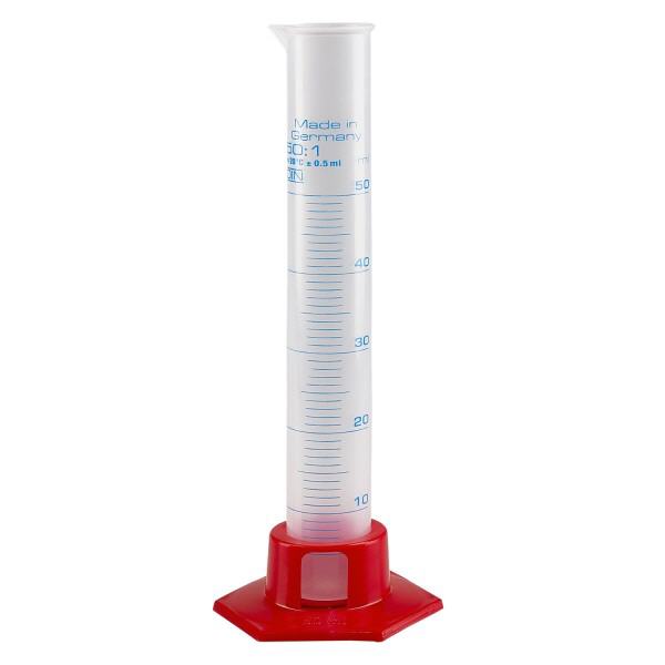Proveta graduada de 50ml em polipropileno com base vermelha Proveta graduada de 50ml em polipropileno com base vermelha