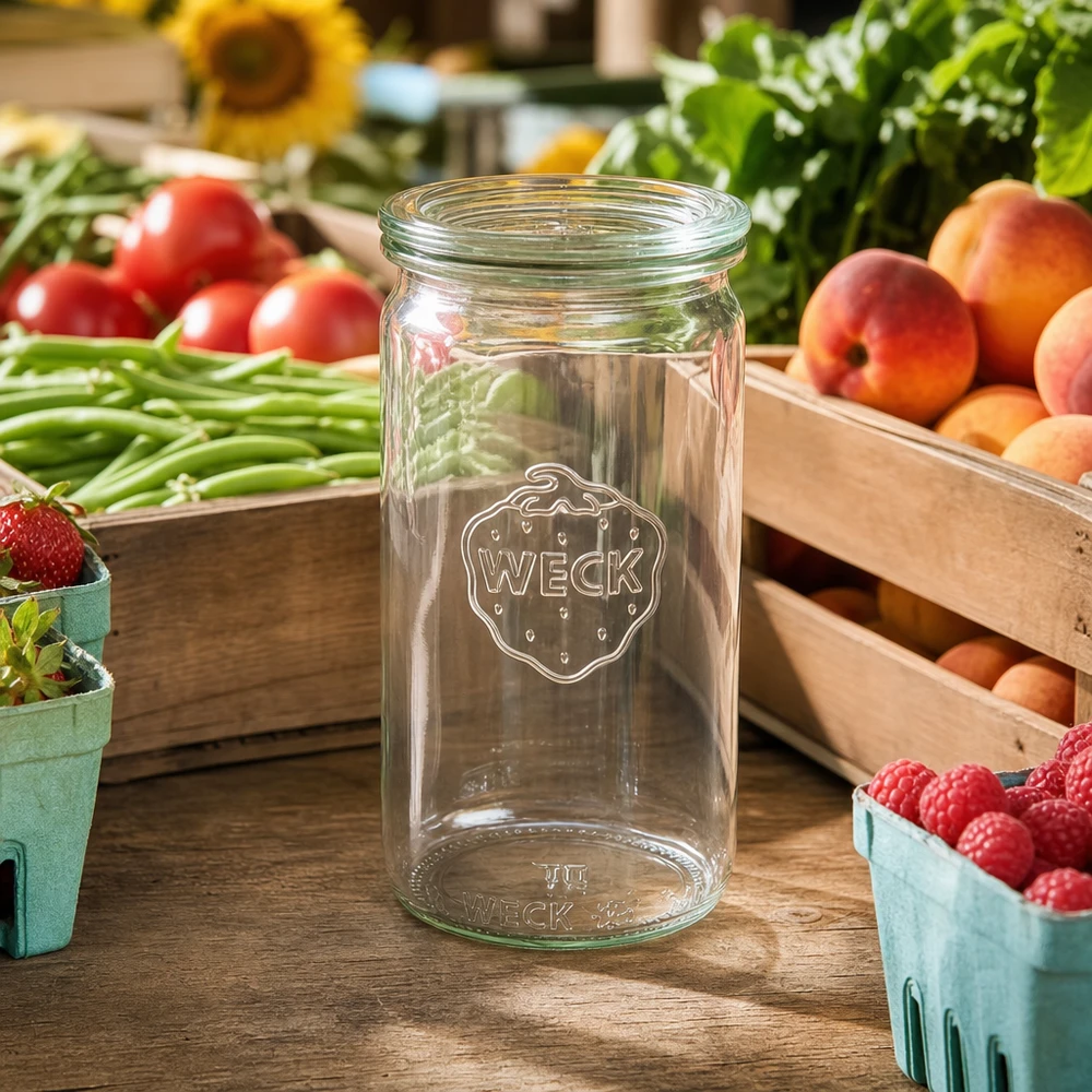 Frasco cilíndrico de 340 ml WECK RR60 transparente sobre uma mesa de madeira rodeada de frutos frescos, legumes e bagas em ambiente de banca de mercado