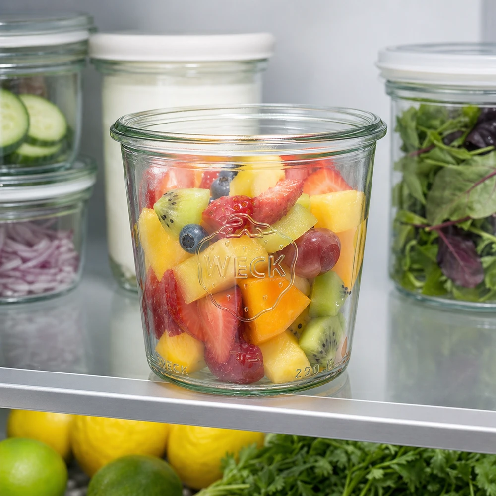 Frasco de vidro alto de 290 ml WECK RR80 Copos altos RR80 WECK de 290 ml cheios de salada de fruta colorida no frigorífico, ao lado de outros frascos de conserva