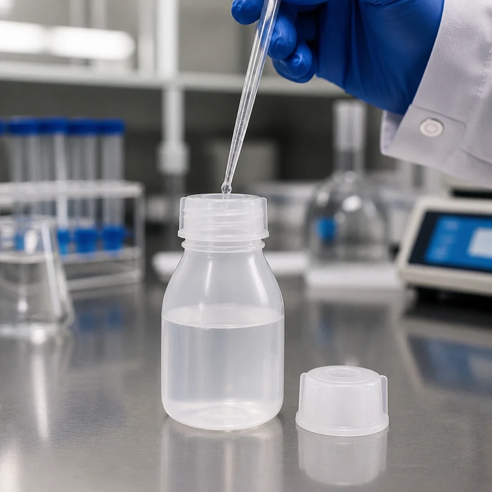 Um técnico de laboratório pipeta um líquido num frasco de PP de 10 ml, de gargalo estreito e tampa de rosca, usando uma luva azul