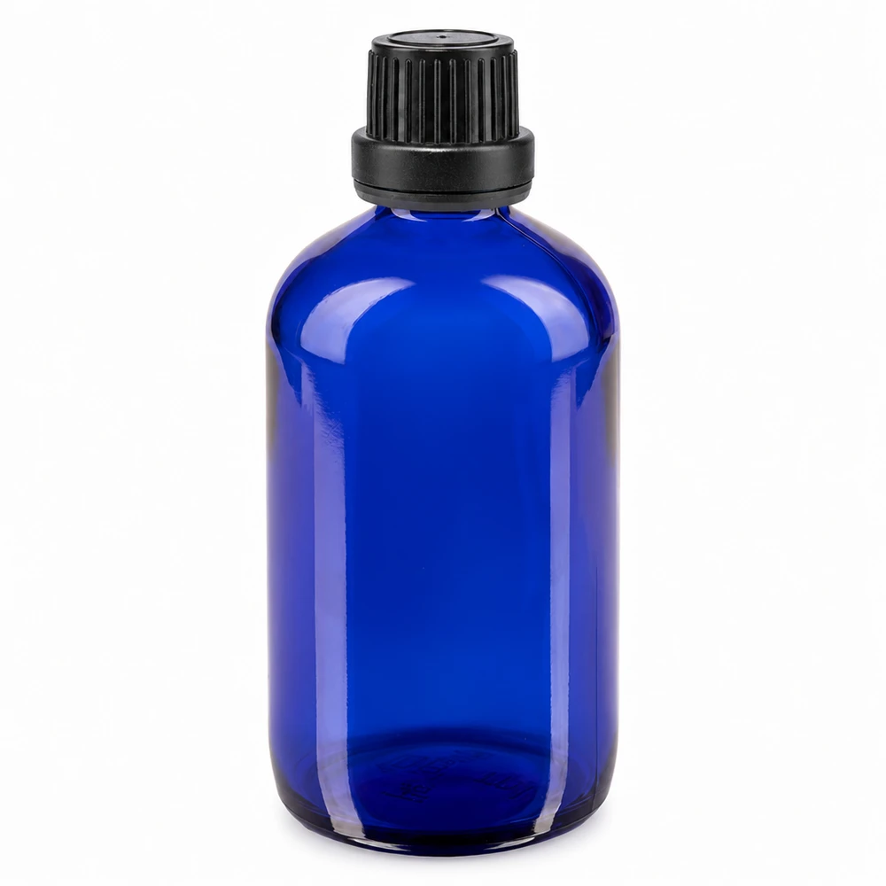 Frasco de vidro azul de farmácia com 100 ml e tampa de rosca preta de 11 mm