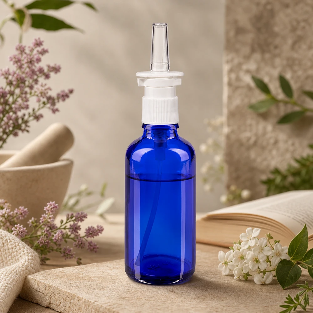 Frasco azul de 50 ml para spray nasal, em vidro de farmácia, com doseador ergonómico branco