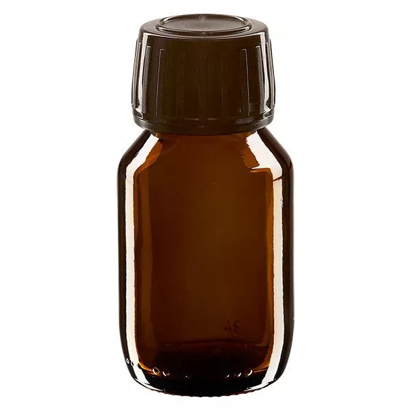 Frasco de remédio de 50ml marrom, tampa marrom com anel inviolável ApoGlas Frasco de remédio de 50ml marrom, tampa marrom com anel inviolável ApoGlas