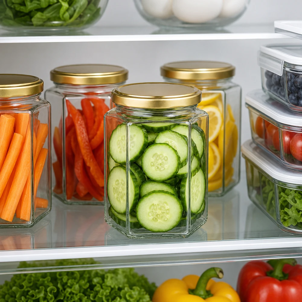 Preparação de refeições com frasco de mel de 500 g BasicSeal UT com tampa dourada como recipiente de armazenamento para pepinos, cenouras e pimentos no frigorífico