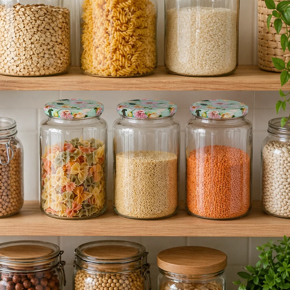 Organizador de despensa com frascos redondos de 795 ml com tampas de flores de menta, cheios de massas, lentilhas e cereais na despensa