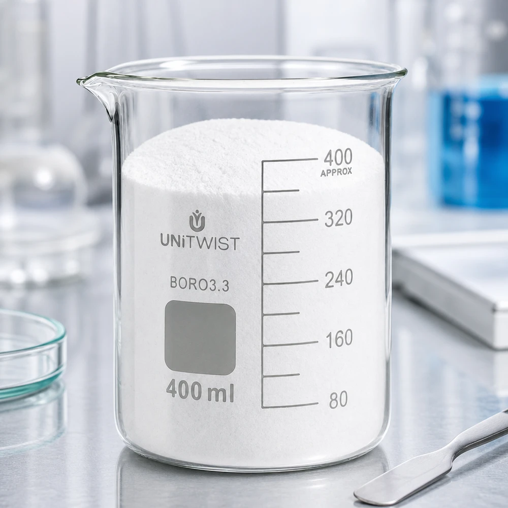 Copo 400 ml de borossilicato, baixo teor de bolor UNiTWIST Copo de vidro UNiTWIST de 400 ml, de formato baixo, cheio de pó branco, sobre uma mesa de laboratório